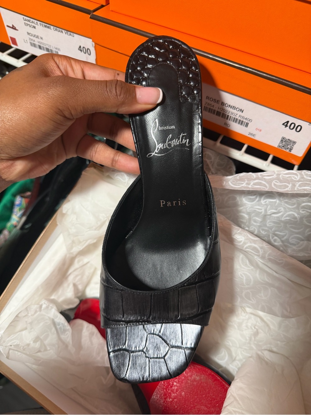 Christian Louboutin Black Croc-Embossed Mule